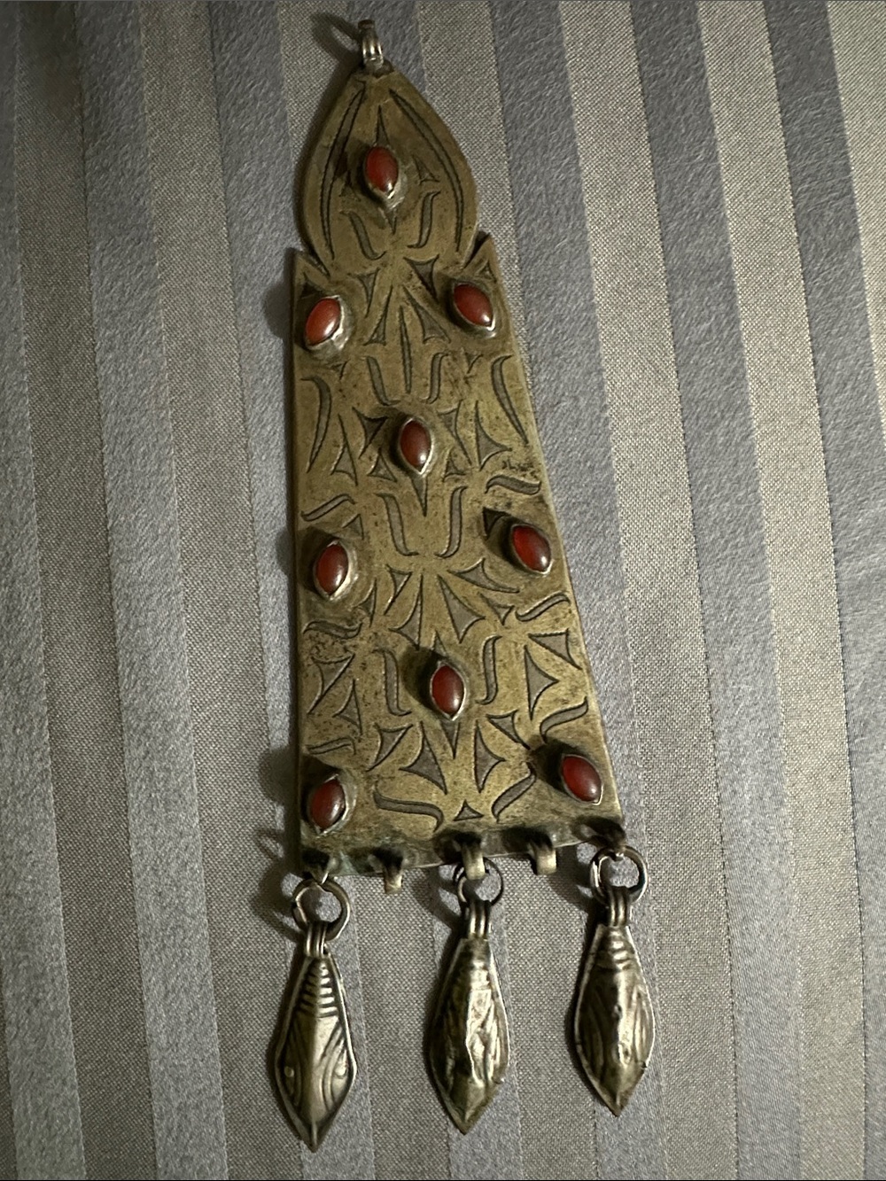 Antique-Style Brass Pendant Necklace with Red Stone Accents